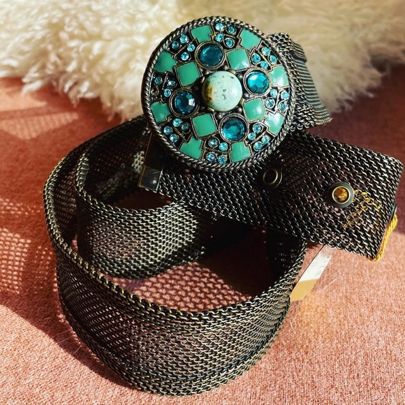 Vintage Metallic Mesh Belt W Aqua Jeweled Buckle. main image 9
